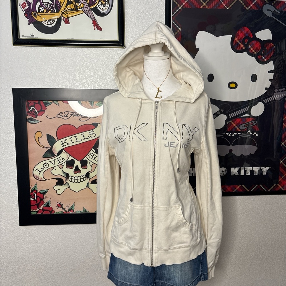 DKNY Jeans White Diamanté Design Zip Up Hoodie Y2K Streetwear